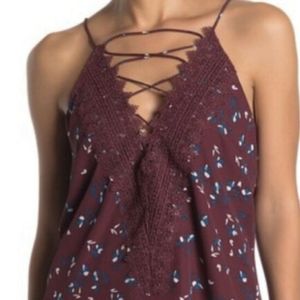 WAYF Strappy Burgundy Floral Criss Cross Lace Cami